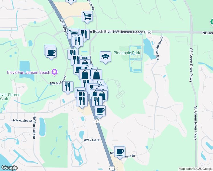 map of restaurants, bars, coffee shops, grocery stores, and more near 1010 Northwest Fresco Way in Jensen Beach