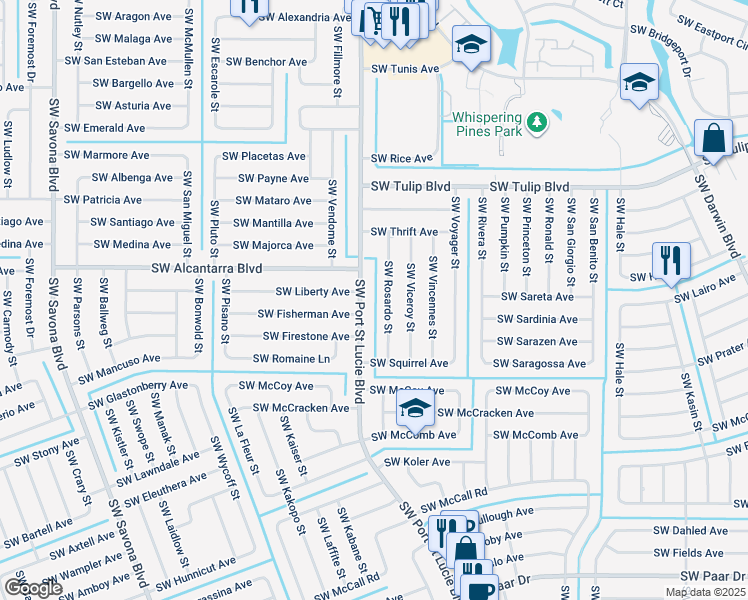 map of restaurants, bars, coffee shops, grocery stores, and more near 3574 Southwest Rosardo Street in Port St. Lucie