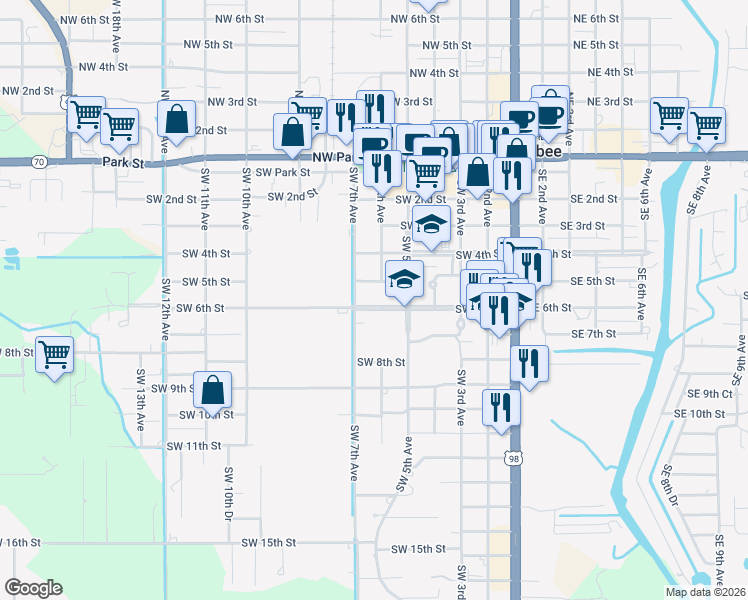 map of restaurants, bars, coffee shops, grocery stores, and more near 615 Southwest 5th Street in Okeechobee