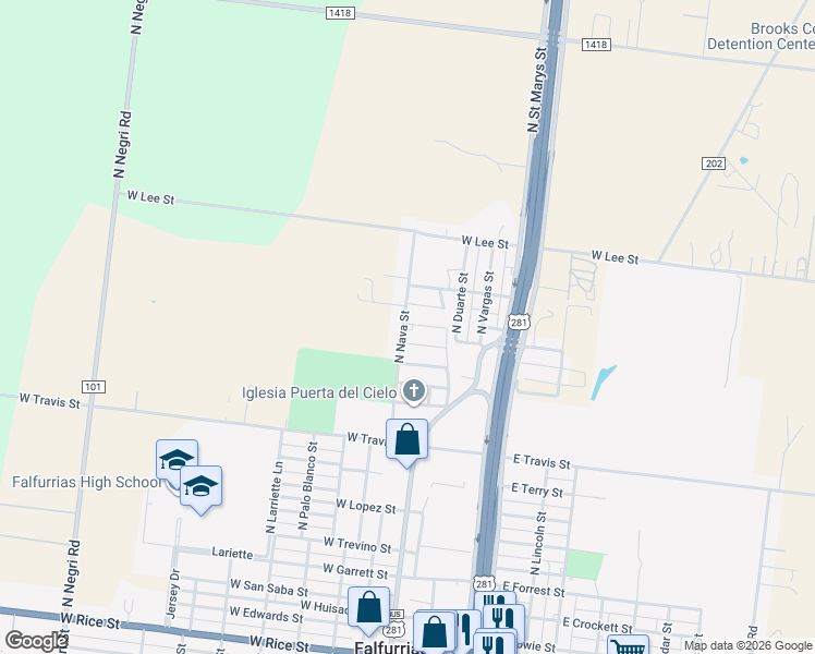 map of restaurants, bars, coffee shops, grocery stores, and more near 620 North Nava Street in Falfurrias