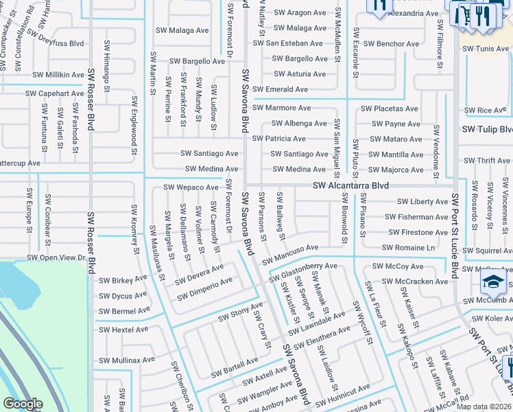 map of restaurants, bars, coffee shops, grocery stores, and more near 3574 Southwest Parsons Street in Port St. Lucie