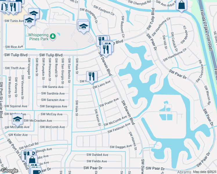 map of restaurants, bars, coffee shops, grocery stores, and more near 425 Southwest Kaabe Avenue in Port St. Lucie