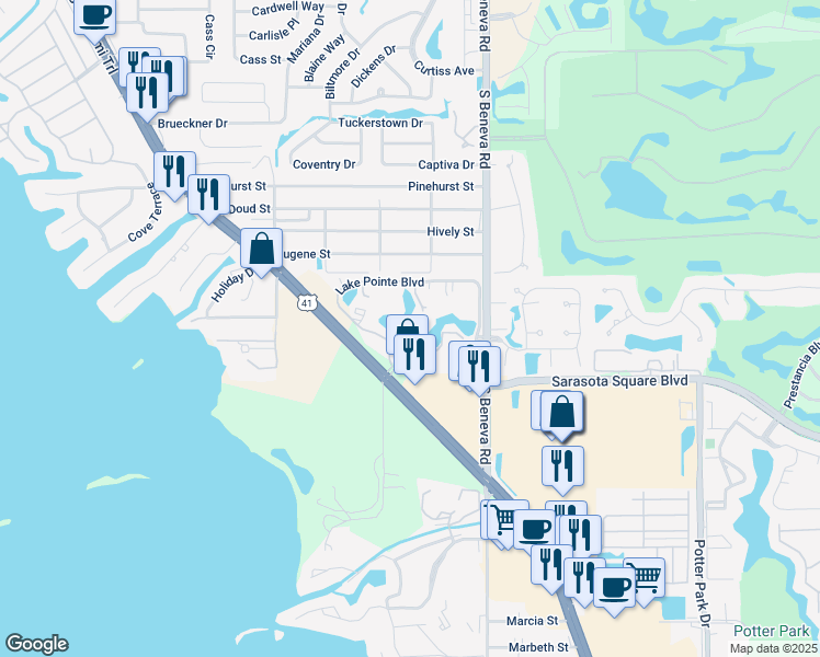 map of restaurants, bars, coffee shops, grocery stores, and more near 7979 South Tamiami Trail in Sarasota