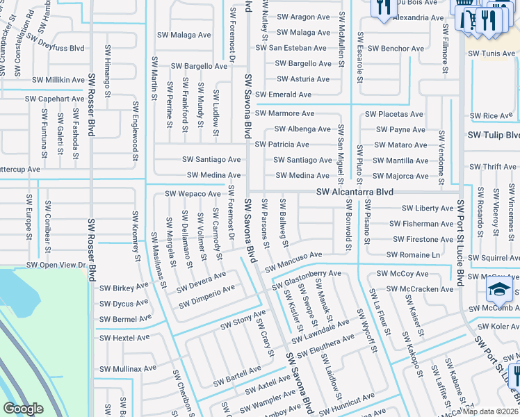 map of restaurants, bars, coffee shops, grocery stores, and more near 3574 Southwest Parsons Street in Port St. Lucie
