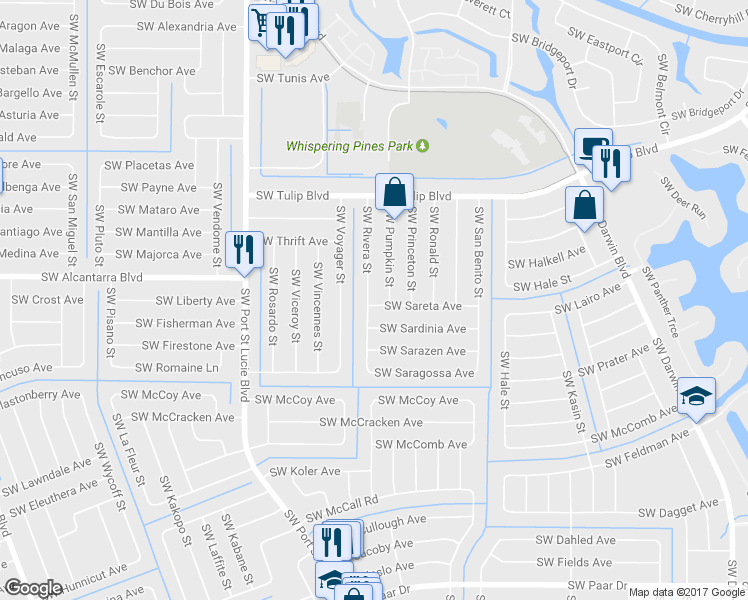 map of restaurants, bars, coffee shops, grocery stores, and more near 797 Southwest Sareta Avenue in Port St. Lucie