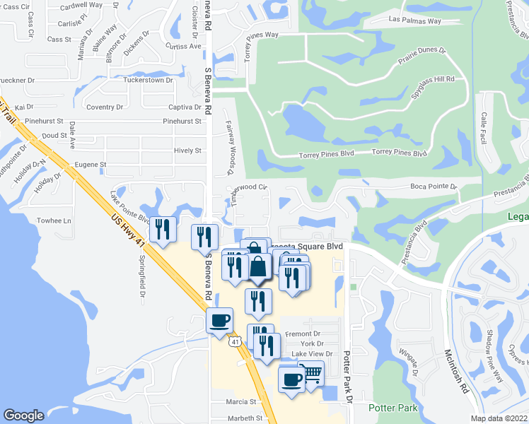 map of restaurants, bars, coffee shops, grocery stores, and more near 3775 Pinecone Court in Sarasota