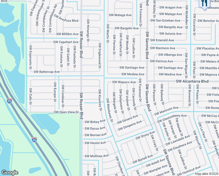 map of restaurants, bars, coffee shops, grocery stores, and more near 3537 Southwest Masilunas Street in Port St. Lucie