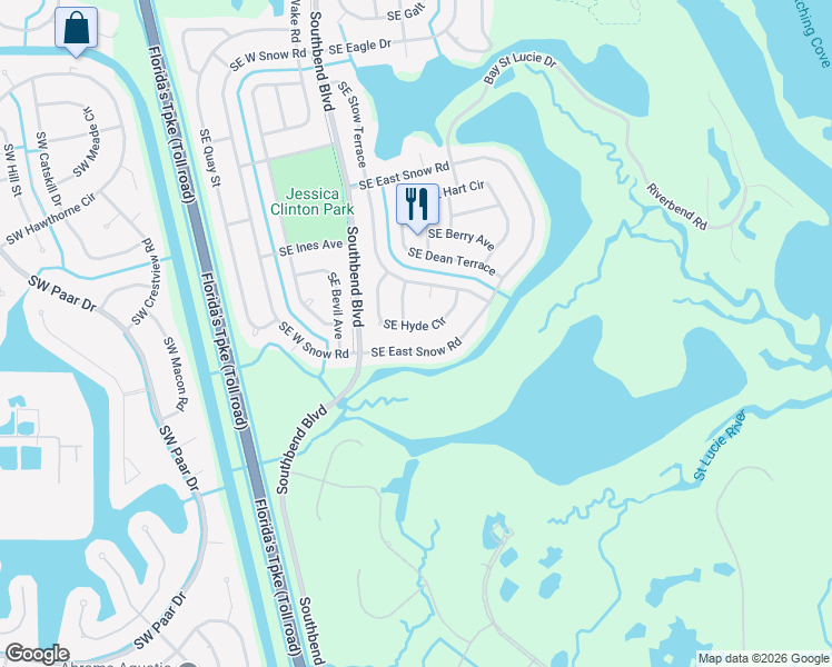 map of restaurants, bars, coffee shops, grocery stores, and more near 3519 Southeast Hyde Circle in Port St. Lucie