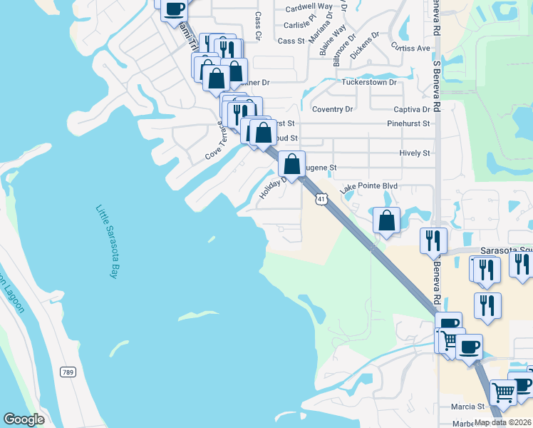 map of restaurants, bars, coffee shops, grocery stores, and more near 7828 Holiday Drive in Sarasota