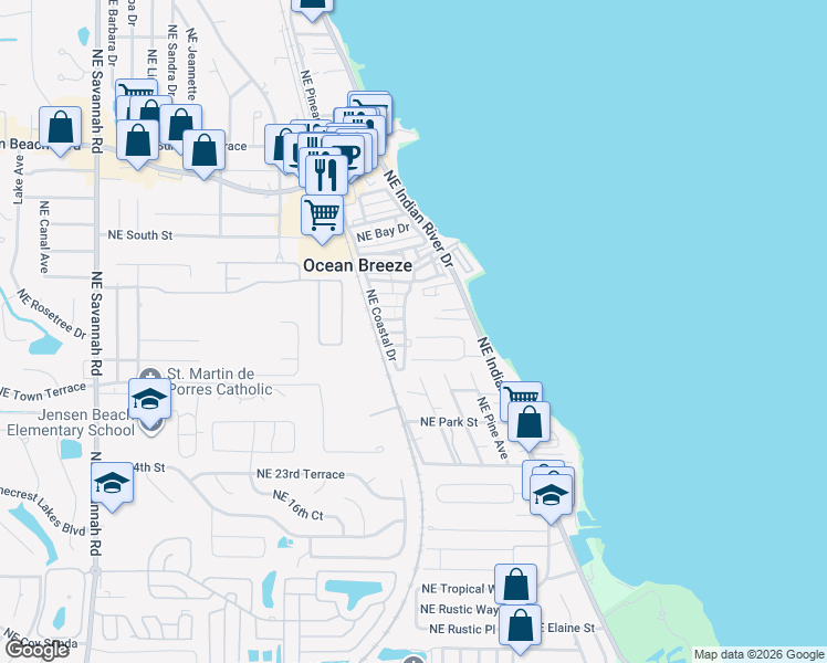 map of restaurants, bars, coffee shops, grocery stores, and more near 2109 Northeast Flamingo Terrace in Jensen Beach