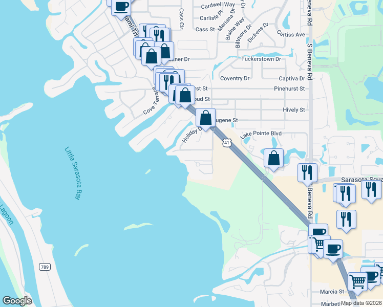 map of restaurants, bars, coffee shops, grocery stores, and more near 7828 Holiday Dr in Sarasota