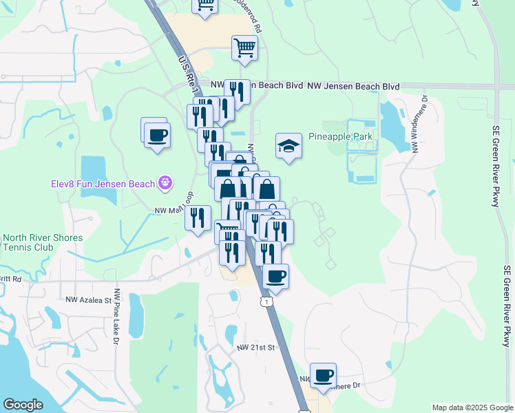 map of restaurants, bars, coffee shops, grocery stores, and more near 2655 Northwest Federal Highway in Stuart