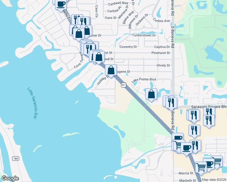 map of restaurants, bars, coffee shops, grocery stores, and more near 7868 Holiday Drive in Sarasota