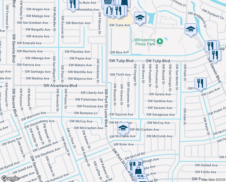 map of restaurants, bars, coffee shops, grocery stores, and more near 3574 Southwest Rosardo Street in Port St. Lucie