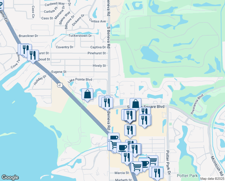 map of restaurants, bars, coffee shops, grocery stores, and more near 3612 Peck Street in Sarasota