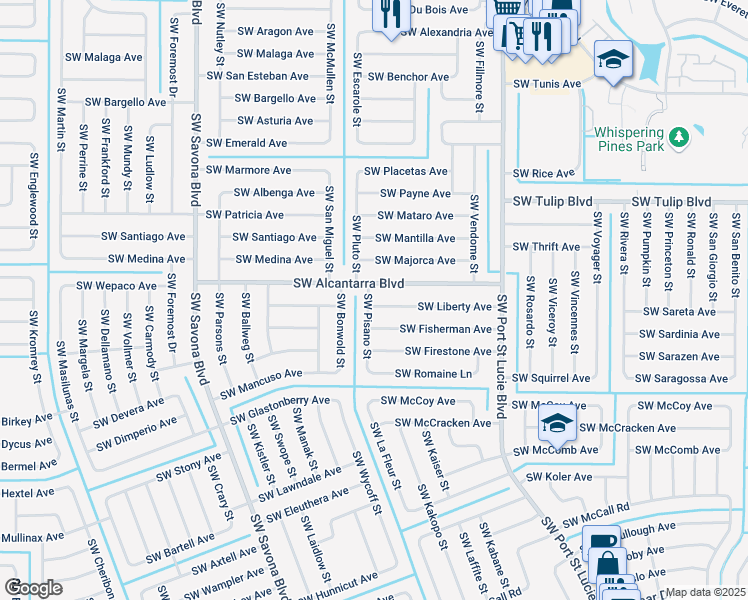 map of restaurants, bars, coffee shops, grocery stores, and more near 1074 Southwest Liberty Avenue in Port St. Lucie
