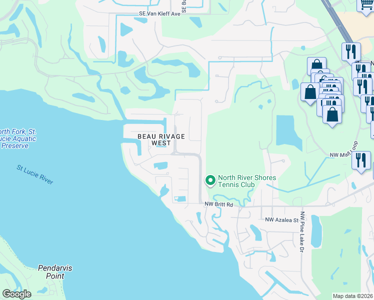 map of restaurants, bars, coffee shops, grocery stores, and more near 130 Everglades Boulevard in Stuart