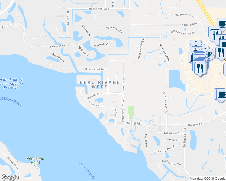 map of restaurants, bars, coffee shops, grocery stores, and more near 2465 North West Everglades Boulevard in Stuart