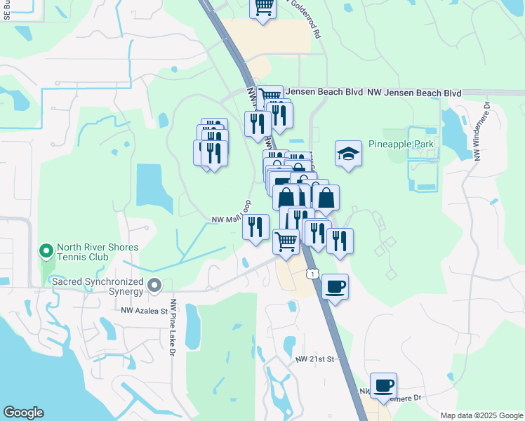 map of restaurants, bars, coffee shops, grocery stores, and more near 2751 Northwest Mall Loop in Jensen Beach