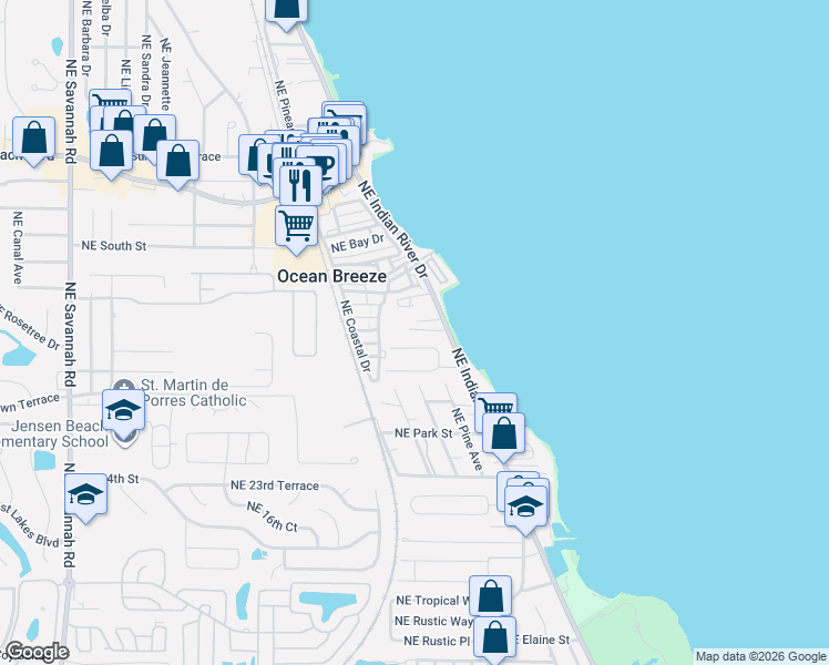 map of restaurants, bars, coffee shops, grocery stores, and more near 2199 Northeast Flamingo Terrace in Jensen Beach