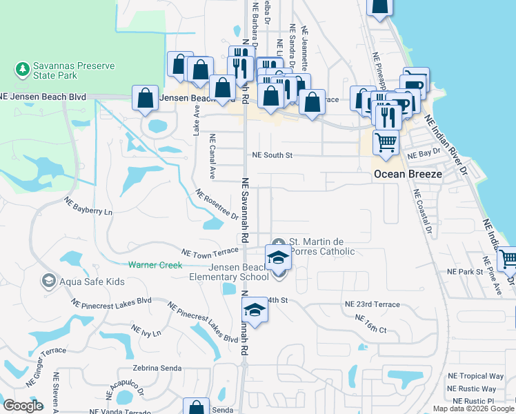 map of restaurants, bars, coffee shops, grocery stores, and more near Northeast Spruce Ridge Avenue in Jensen Beach
