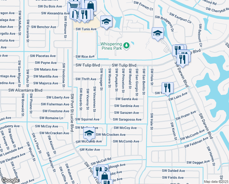 map of restaurants, bars, coffee shops, grocery stores, and more near 797 Southwest Sareta Avenue in Port St. Lucie