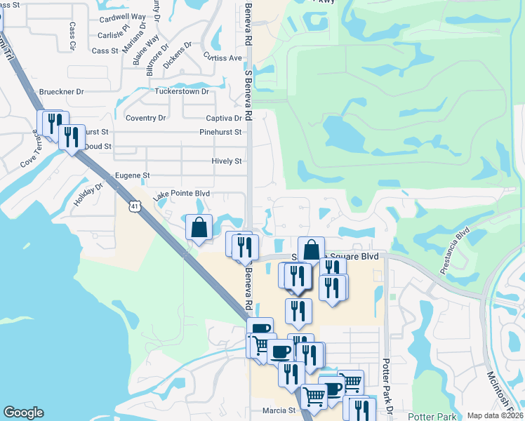 map of restaurants, bars, coffee shops, grocery stores, and more near 3612 Peck Street in Sarasota