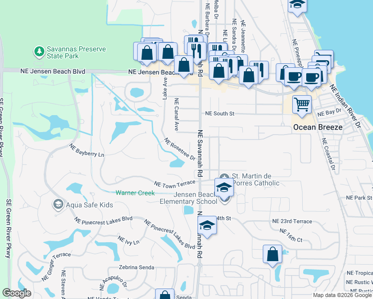 map of restaurants, bars, coffee shops, grocery stores, and more near 2822 Northeast Yorkshire Lane in Jensen Beach