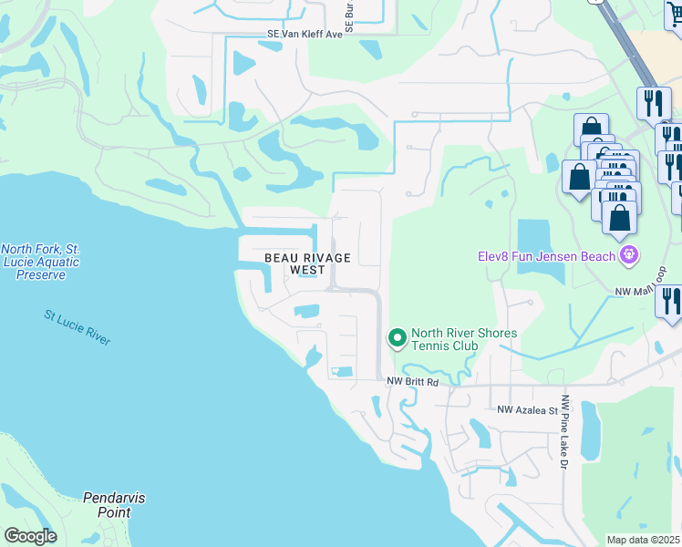 map of restaurants, bars, coffee shops, grocery stores, and more near 2465 North West Everglades Boulevard in Stuart