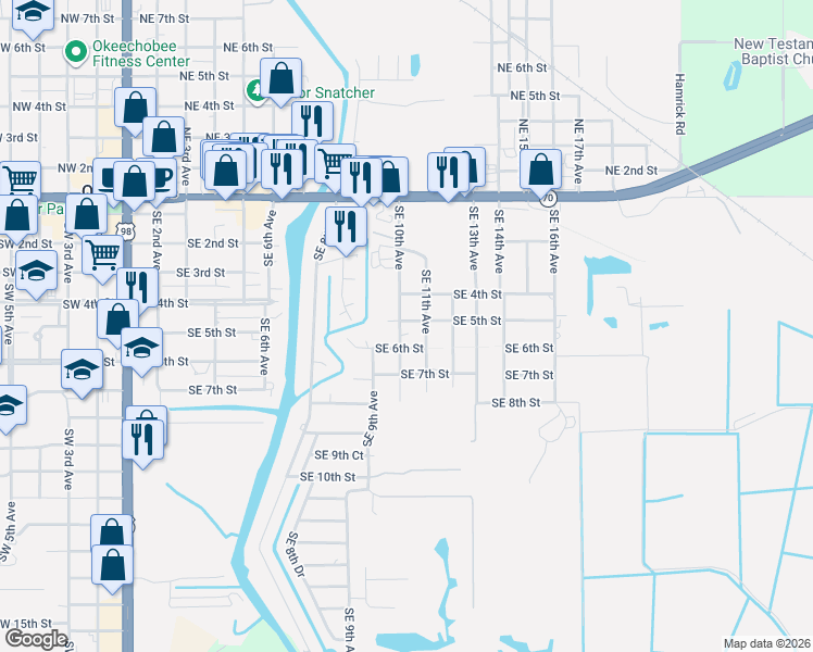 map of restaurants, bars, coffee shops, grocery stores, and more near 510 Southeast 11th Avenue in Okeechobee
