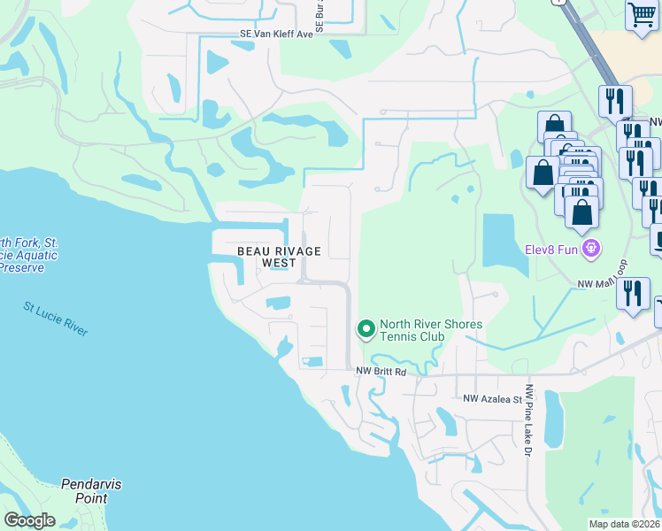 map of restaurants, bars, coffee shops, grocery stores, and more near 2465 North West Everglades Boulevard in Stuart