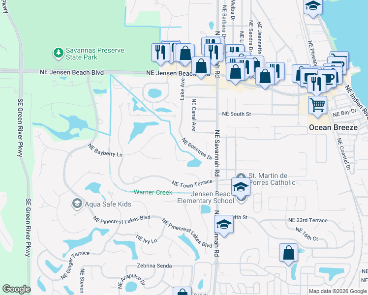 map of restaurants, bars, coffee shops, grocery stores, and more near 2904 Northeast Rosetree Drive in Jensen Beach