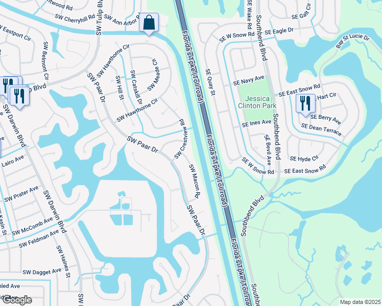 map of restaurants, bars, coffee shops, grocery stores, and more near 100 Southwest Lion Lane in Port St. Lucie
