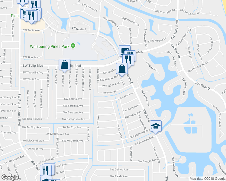 map of restaurants, bars, coffee shops, grocery stores, and more near 501 Southwest Hale Street in Port Saint Lucie