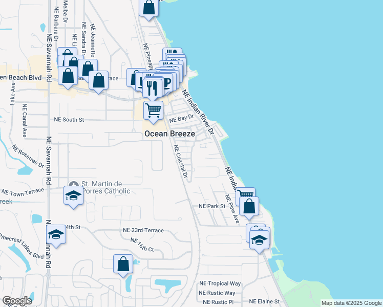 map of restaurants, bars, coffee shops, grocery stores, and more near Northeast Starboard Way in Ocean Breeze