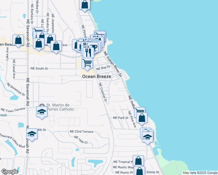 map of restaurants, bars, coffee shops, grocery stores, and more near Northeast Starboard Way in Ocean Breeze