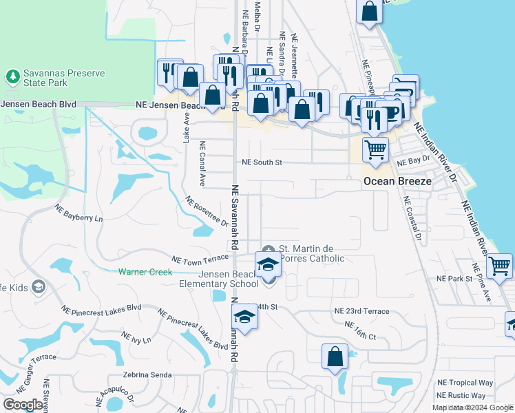 map of restaurants, bars, coffee shops, grocery stores, and more near 2854 Northeast Hickory Ridge Avenue in Jensen Beach