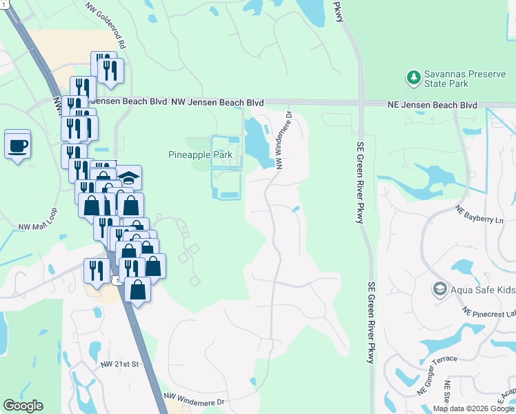 map of restaurants, bars, coffee shops, grocery stores, and more near 543 Northwest Ember Way in Jensen Beach