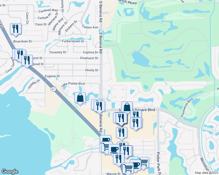 map of restaurants, bars, coffee shops, grocery stores, and more near 3622 Pine Point Court in Sarasota