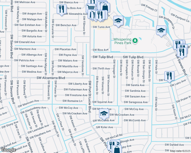 map of restaurants, bars, coffee shops, grocery stores, and more near 3518 Southwest Rosardo Street in Port St. Lucie