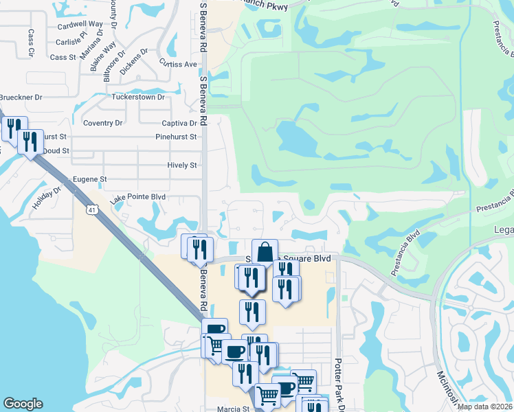 map of restaurants, bars, coffee shops, grocery stores, and more near 7873 Timberwood Circle in Sarasota
