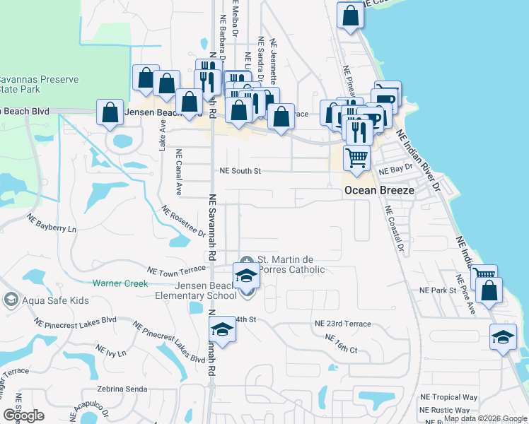 map of restaurants, bars, coffee shops, grocery stores, and more near 1420 Northeast 29th Terrace in Jensen Beach