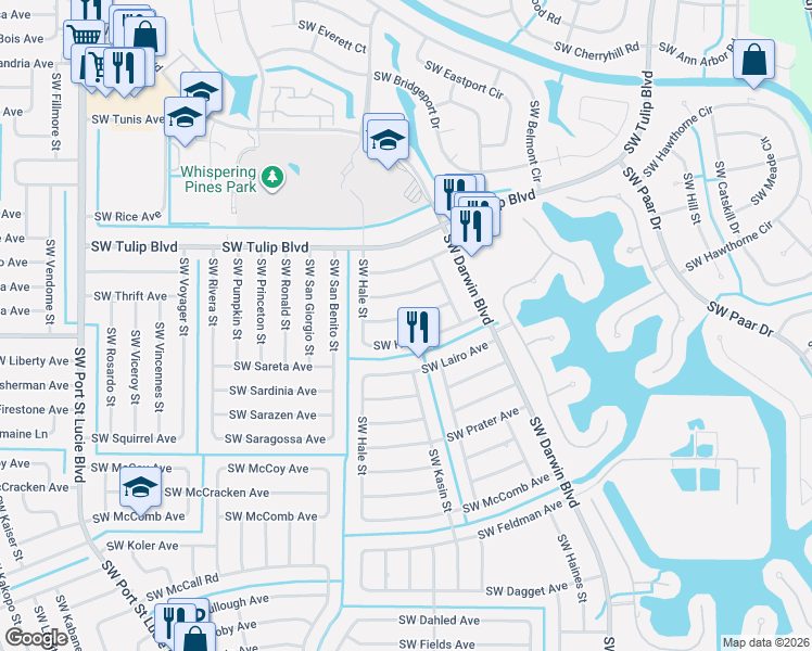 map of restaurants, bars, coffee shops, grocery stores, and more near 554 Southwest Halkell Avenue in Port St. Lucie