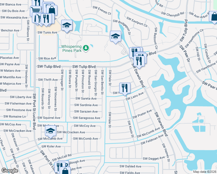 map of restaurants, bars, coffee shops, grocery stores, and more near 3529 Southwest Hale Street in Port St. Lucie