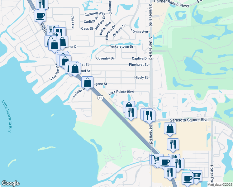 map of restaurants, bars, coffee shops, grocery stores, and more near 2233 Benson Street in Sarasota