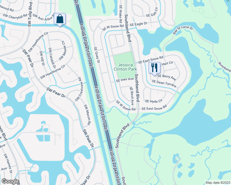 map of restaurants, bars, coffee shops, grocery stores, and more near 3282 Southeast West Snow Road in Port St. Lucie