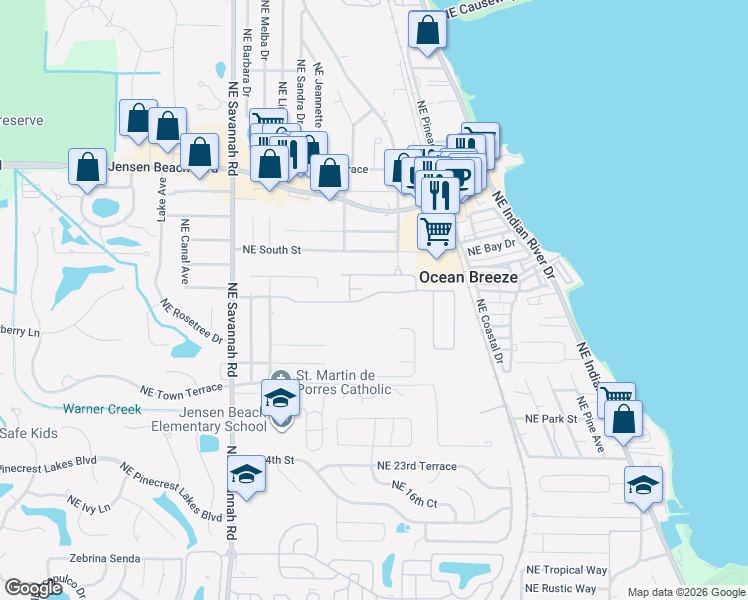 map of restaurants, bars, coffee shops, grocery stores, and more near 1554 Northeast White Pine Terrace in Ocean Breeze