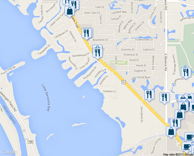 map of restaurants, bars, coffee shops, grocery stores, and more near 7785 Holiday Drive North in Sarasota