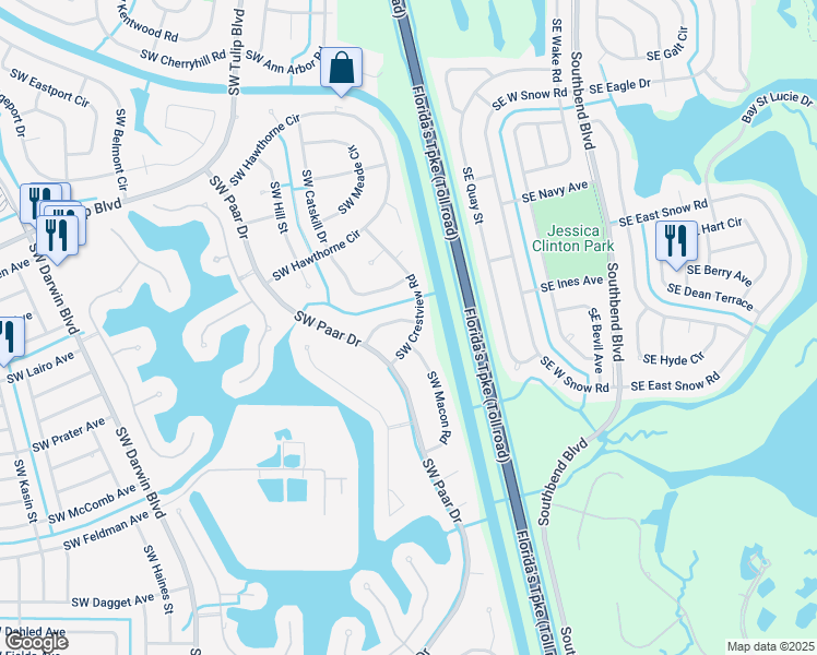 map of restaurants, bars, coffee shops, grocery stores, and more near 100 Southwest Lion Lane in Port St. Lucie