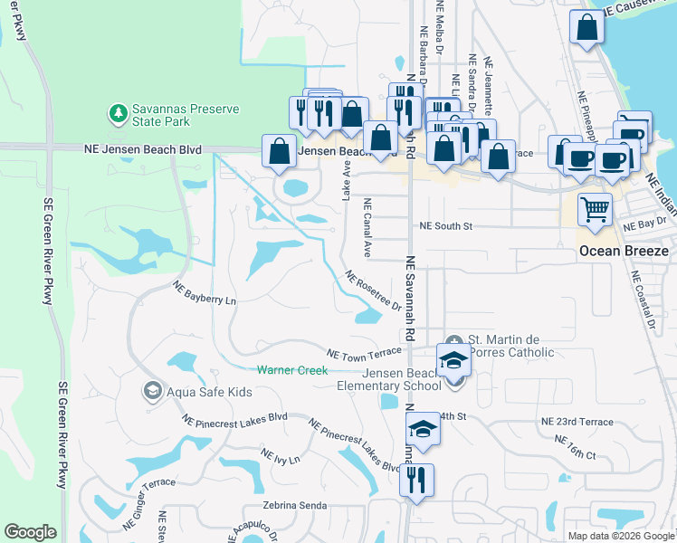 map of restaurants, bars, coffee shops, grocery stores, and more near 2904 Northeast Rosetree Drive in Jensen Beach